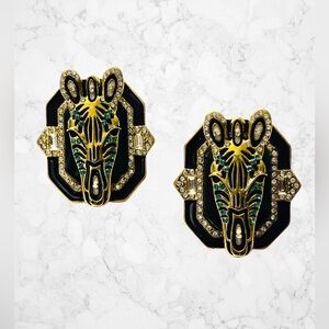 Sassy Jones Gold-tone Zebra Head Earrings with Black and Green Accents